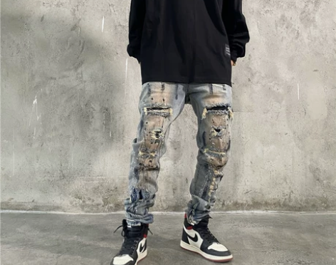 欧美高街泼墨水洗做旧破洞牛仔裤男街头修身弹...