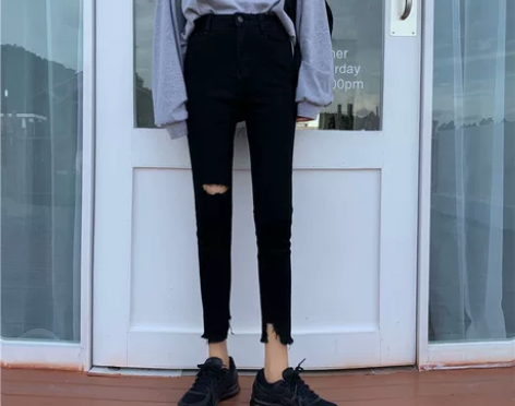 春季韩版2023新款高腰修身显瘦破洞黑色九...