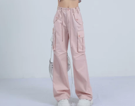 ZXZA粉色抽绳休闲工装裤女高腰显瘦超显腿...