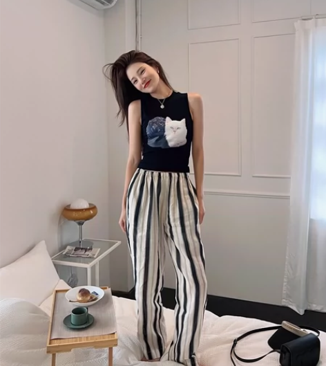 3MISSMIX条纹苎麻休闲裤女薄款夏季高...