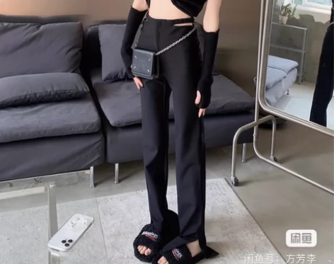 黑色时尚辣妹开叉拖地休闲长裤女春秋修身显瘦...