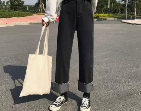 黑色直筒牛仔裤女高腰春秋新款大码胖mm宽松...