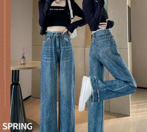 毛边高腰牛仔裤女夏季2023年新款宽松直筒...