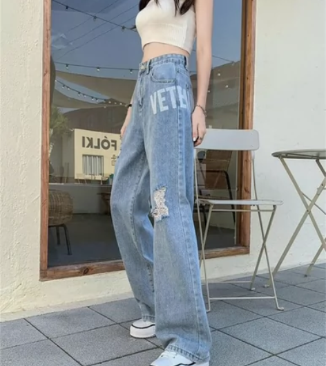 破洞阔腿牛仔裤女春夏季2023新款高腰直筒...