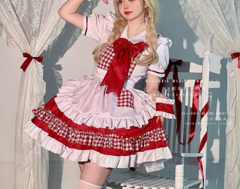 萌系新年红餐厅女仆装可爱lolita性感c...