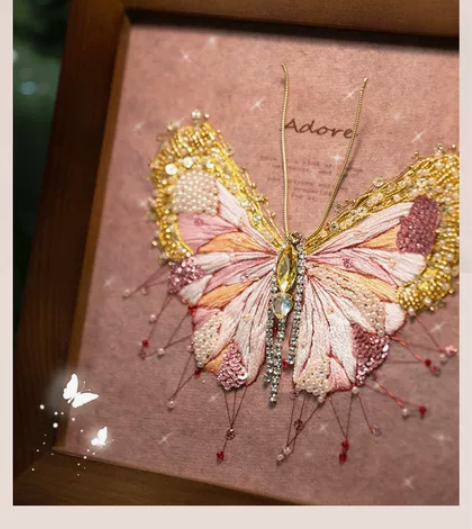 放羊班手工刺绣相框装饰画立体珠绣蝴蝶成品摆...