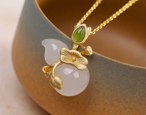 中国风鎏金工艺荷叶葫芦吊坠莲花福禄连连吊坠...