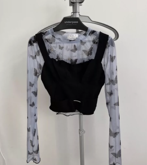 蝴蝶网纱打底T恤+背心两件套女设计感短款弹...