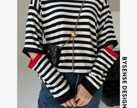 BYSENSE 红与黑 春夏条纹镂空漏空针...