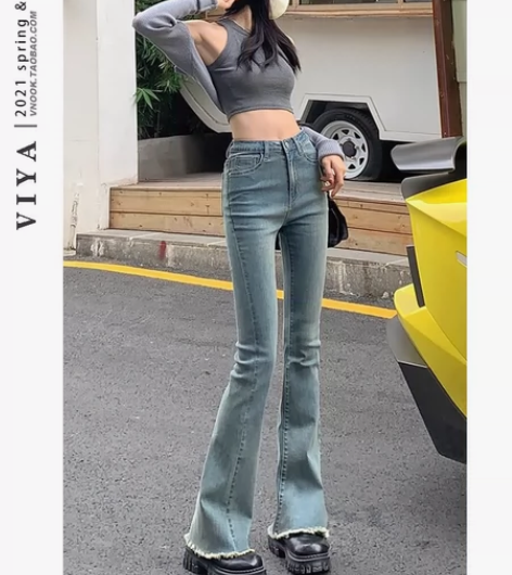 复古蓝微喇高腰牛仔裤女弹力修身显瘦辣妹直筒...