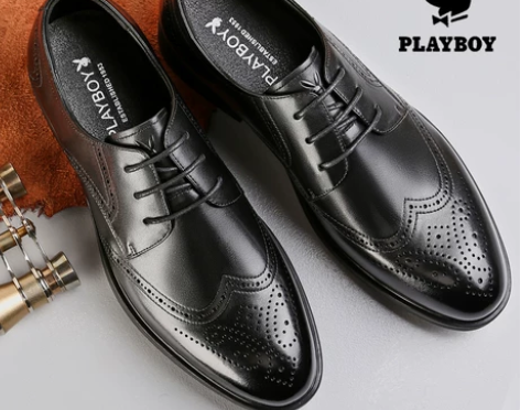 花花公子布洛克雕花男士皮鞋真皮巴洛克商务正...