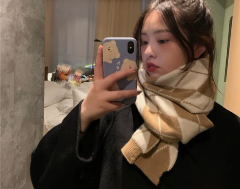 丁走走日系复古学生格子针织围巾女冬季保暖i...