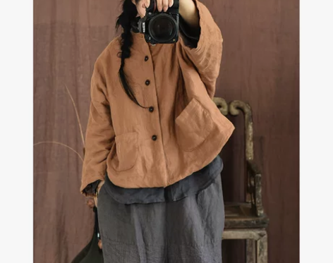 自制砂洗亚麻宽松开衫女式棉衣文艺休闲夹棉保...