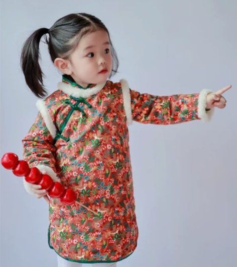 肉球家年服旗袍 红色长袖不加绒110码 全...