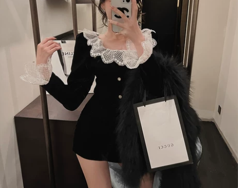 ?IN MIMIFACE 黑色蕾丝打底衫女...