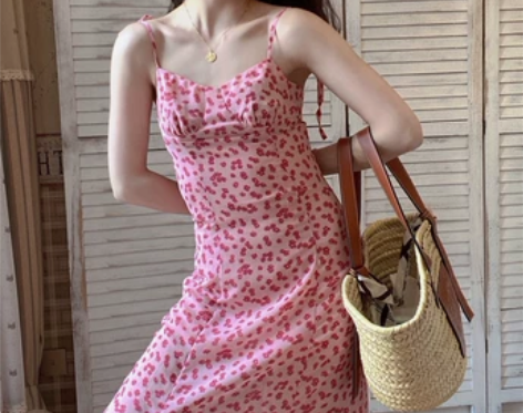 DADANA 法式风情 浪漫粉色碎花修身显...