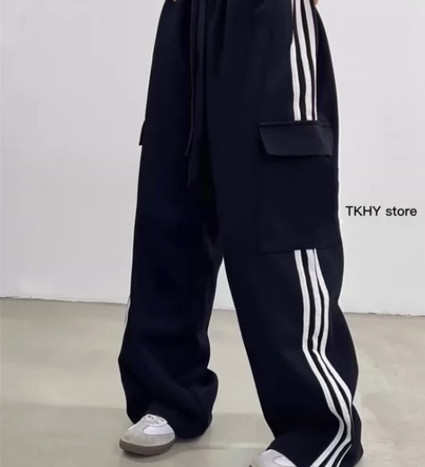 TKHY甜酷花屿 抽绳高腰直筒宽松三条杠任...