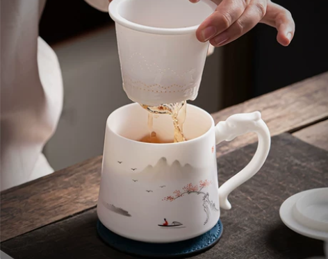 瓷器手绘 羊脂玉白瓷带盖过滤水杯陶瓷茶杯个...
