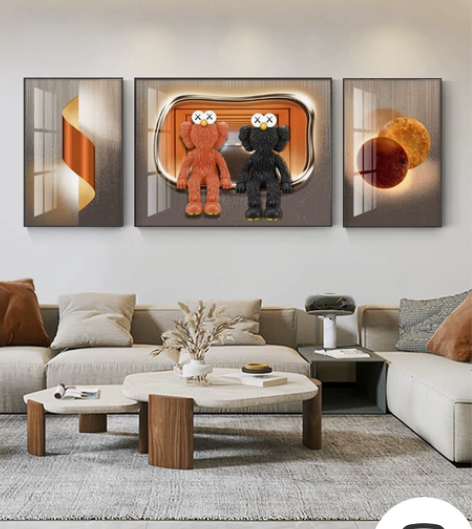 kaws轻奢客厅装饰画简约高级感三联壁画暴...