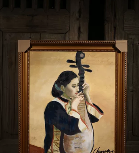 著名画家陈逸飞亲作仕女琵琶油画挂屏 藏品尺...
