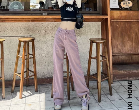 紫色高腰直筒牛仔裤女秋冬新款小众设计感复古...