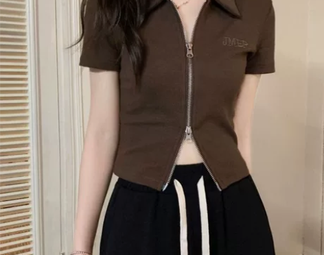 夏季Polo领正肩T恤女美式复古设计感小众...