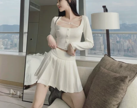 ?nicky 高腰a字裙百褶设计感小众半身...