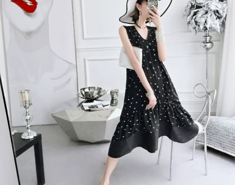 夏装韩版黑色波点V领宽松显瘦A字中长… 宽...