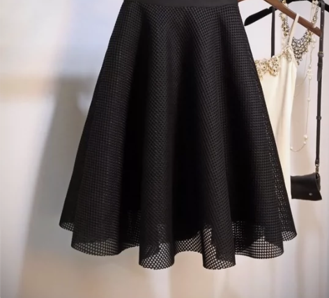 ?秋冬网纱格子镂空高腰蓬蓬大摆中长款伞裙配...