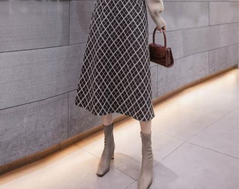 复古毛呢格子半身裙子女装秋冬装2021年新...