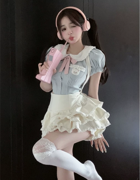 小众学院风泡泡袖衬衫上衣娃娃领背带裙蓬蓬蛋...