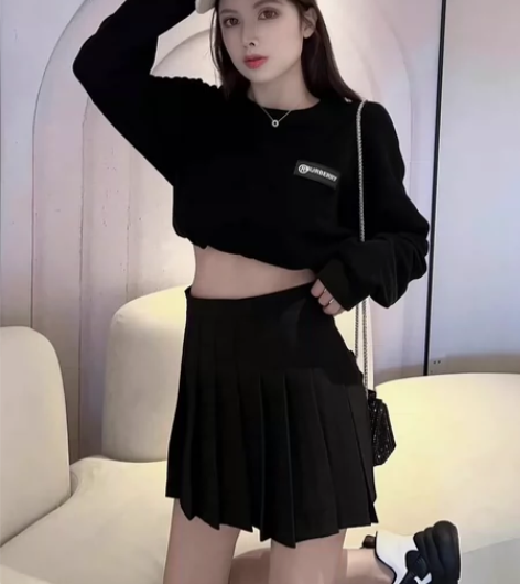 黑色西装百褶裙a字半身裙女2023春夏款显...