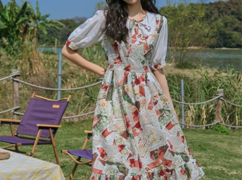 琥珀屋 花崎鹿法式复古日杂感印花面料连衣裙...