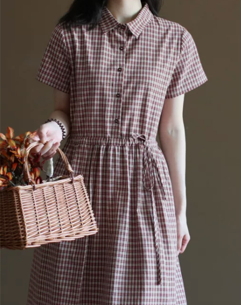 日系文艺夏装森系文艺格子复古衬衫裙连衣裙?...
