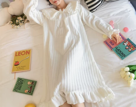 睡衣女春秋冬公主风加厚珊瑚绒睡裙中长款甜美...