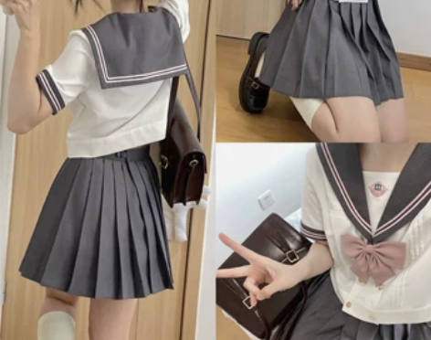 日系小个子少女灰粉水手服套装女夏季短袖夏服...