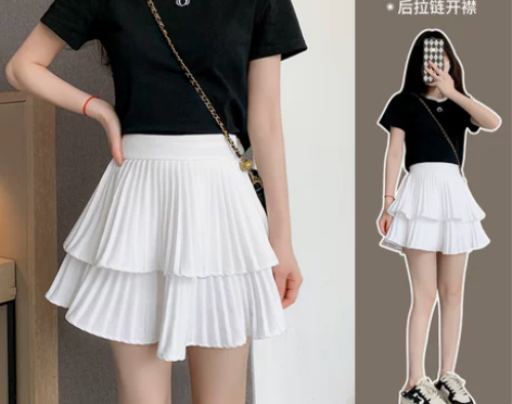 白色双层蛋糕百褶半身裙女夏天新款小个子高腰...