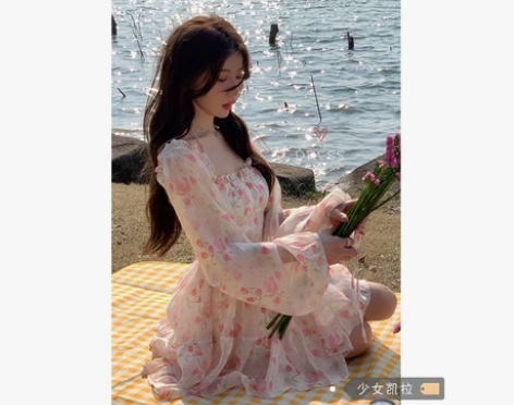 一字肩碎花雪纺连衣裙女装夏季方领泡泡袖温柔...