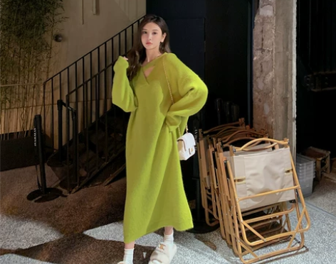 绿色毛衣裙慵懒风欧货宽松直筒裙ins极简风...