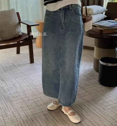HAVE U极简风中长款牛仔半身裙女202...