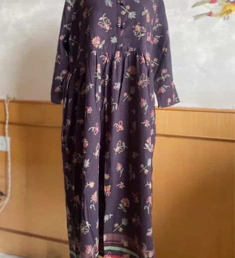 复古大摆棉麻连衣裙秋季超长款印花收腰气质长...