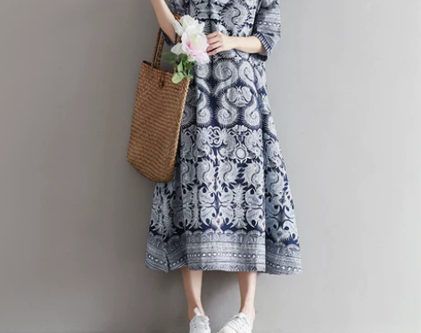 复古棉麻袍子文艺范女装民族风青花瓷宽松亚麻...