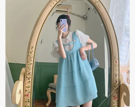 夏日海盐~法式复古娃娃领吊带连衣裙女短款可...