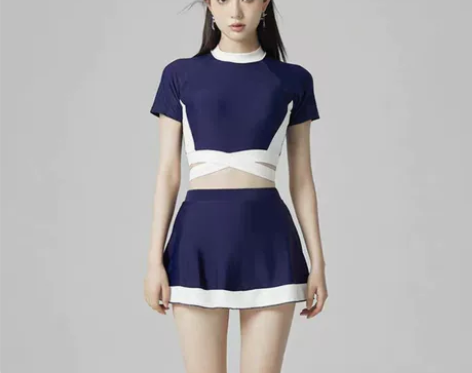 蓝白运动风少女分体短袖泳装高腰显瘦保守学生...