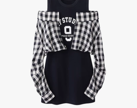 2023夏季新款小众露肩设计假两件拼接连衣...