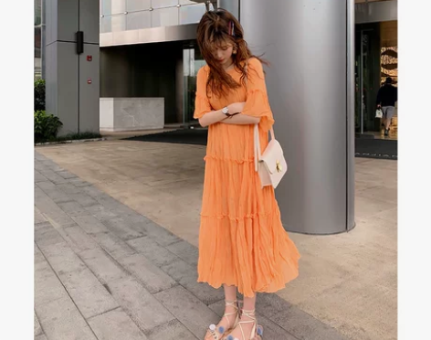 宽松港风褶法式桔梗连衣裙 宽松版140以内...