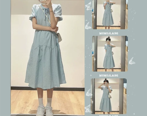 高级感盐系蓝色蝴蝶结长裙夏季新款甜美风俏皮...