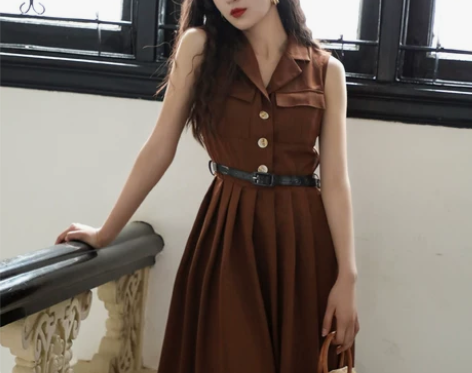 JUJU港风复古连衣裙西装领无袖工装收腰显...