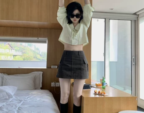 松本sbkk 复古高腰A字半身裙女夏显瘦遮...