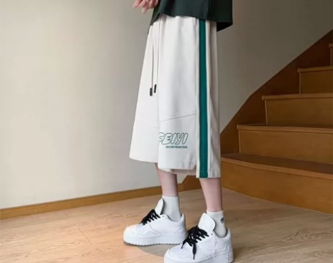 全新条纹宽松七分裤男夏季薄款潮牌休闲过膝短...